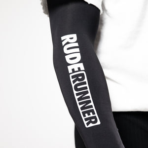 Black sleeve with 'RUDE RUNNER' text on a white background