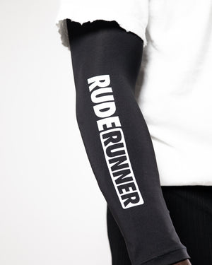 Black sleeve with 'RUDE RUNNER' text on a white background